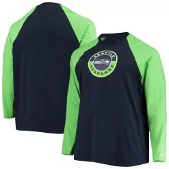 Men's New Era College Navy/Neon Green Seattle Seahawks Big & Tall League Raglan Long Sleeve T-Shirt