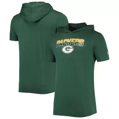 Men's New Era Heathered Green Green Bay Packers Brushed Short Sleeve Pullover Hoodie