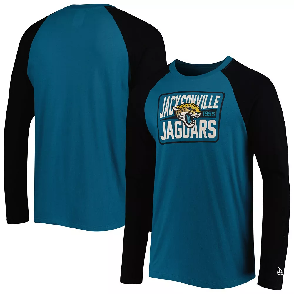 Men's New Era Teal Jacksonville Jaguars Current Raglan Long Sleeve T-Shirt 1 Men's New Era Teal Jacksonville Jaguars Current Raglan Long Sleeve T-Shirt
