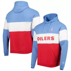 Men's New Era Red/Blue Houston Oilers Colorblock Throwback Pullover Hoodie
