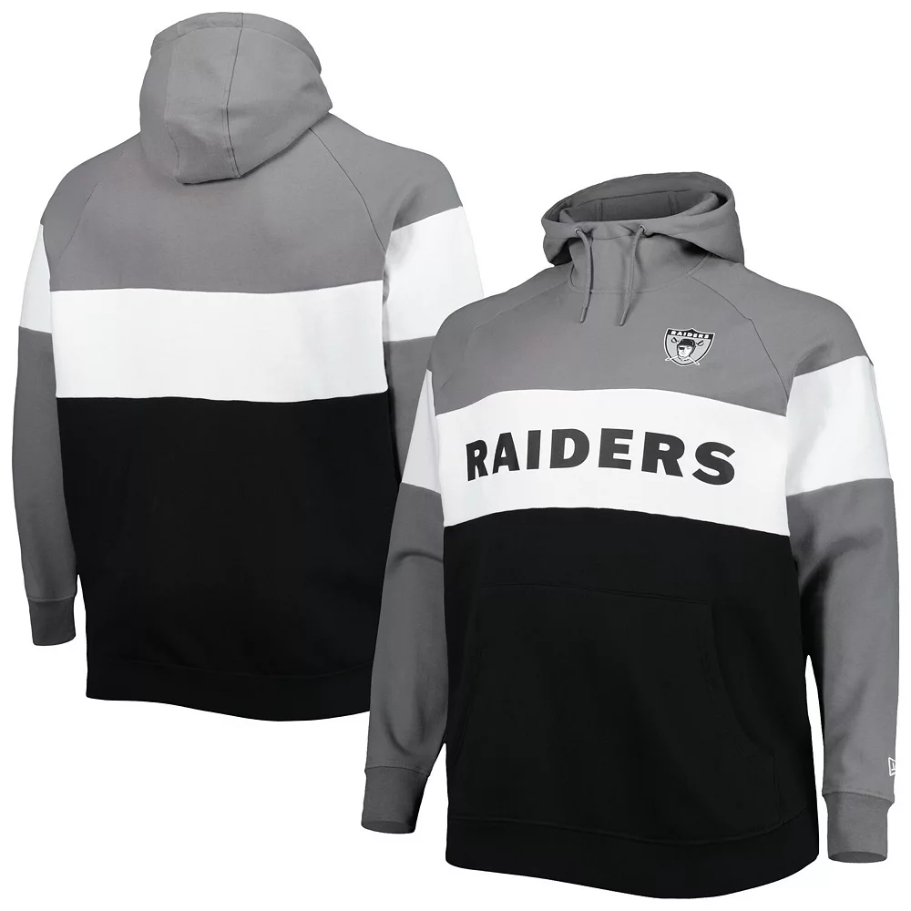Men's New Era Silver Las Vegas Raiders Big & Tall Throwback Colorblock Fleece Raglan Pullover Hoodie 1 Men's New Era Silver Las Vegas Raiders Big & Tall Throwback Colorblock Fleece Raglan Pullover Hoodie
